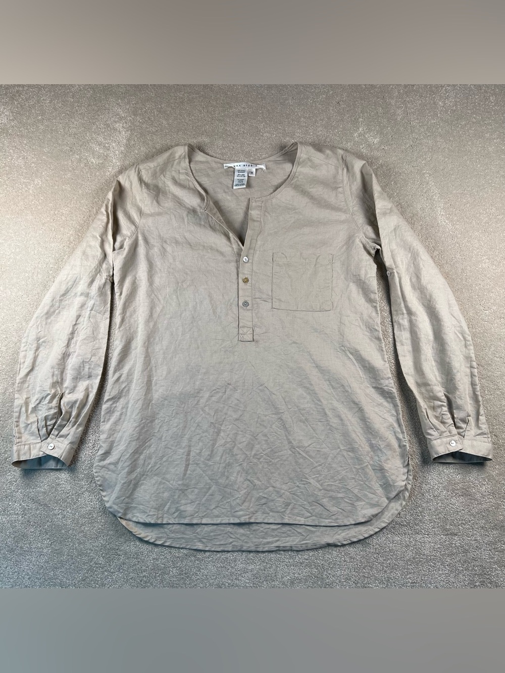 Max Studio Linen Cotton Shirt Lightweight Beige Henley Roll Sleeves Women Medium